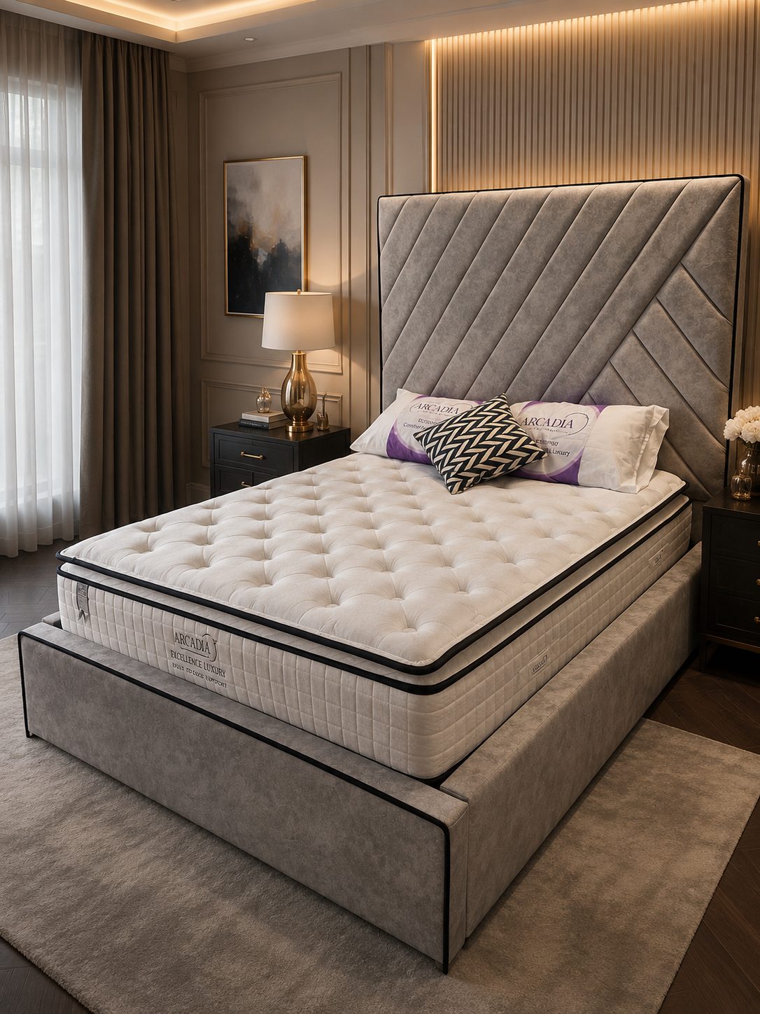 Kensington Luxury Bedframe with 70″ Headboard and Hidden Storage
